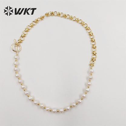WT-JN232 WKT Exclusive Design Mixture Chain and Pearl Unique Necklace INS Hot Photato Pearl Beads Necklace in Choker