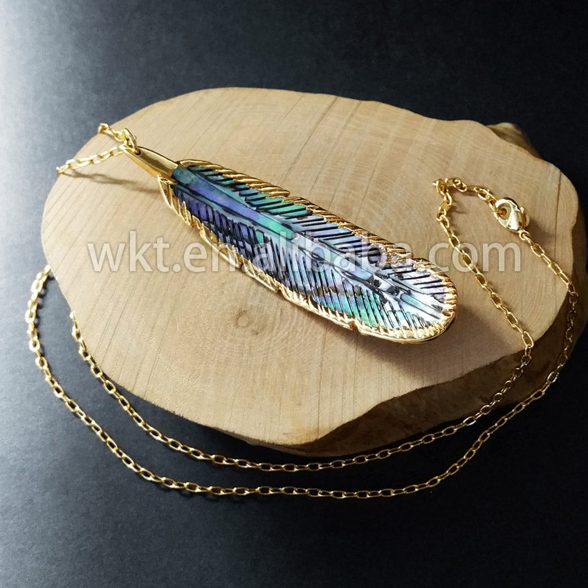 WT-N571 Wholesale Natural Abalone Shell Feather Necklace, Fashion Chic Abalone Feather Necklace