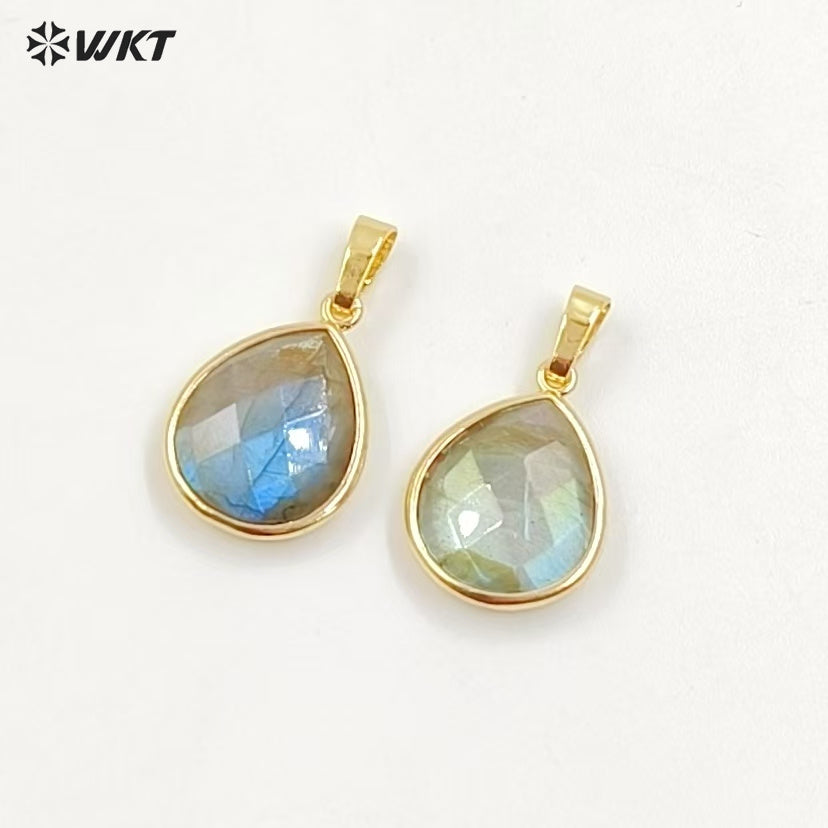 WT-P799 Faceted Teardrop Labradorite Pendant with Gold Electroplated Natual Colors Gold Pendant for Necklace Handmade Stone