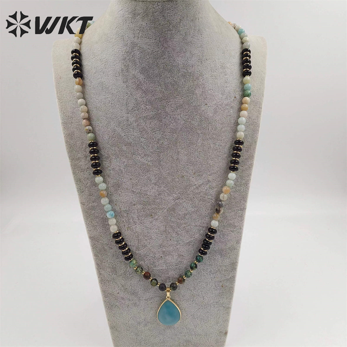 WT-N1416 Newest Attractive 6mm Long Natural Stone Beads Necklace in 28 Inch Genuine Amazonite Drop Pendant Necklace