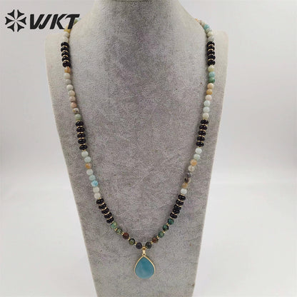 WT-N1416 Newest Attractive 6mm Long Natural Stone Beads Necklace in 28 Inch Genuine Amazonite Drop Pendant Necklace