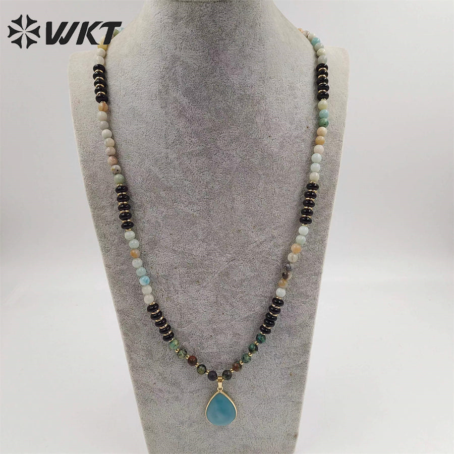 WT-N1416 Newest Attractive 6mm Long Natural Stone Beads Necklace in 28 Inch Genuine Amazonite Drop Pendant Necklace