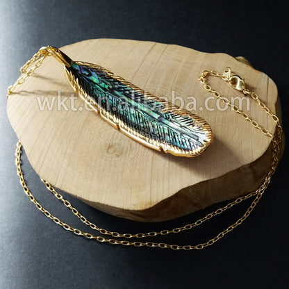 WT-N571 Wholesale Natural Abalone Shell Feather Necklace, Fashion Chic Abalone Feather Necklace