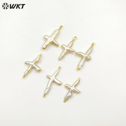 WT-P346 Amazing Fashion Gold Plated Freshwater Pearl Cross Pendant High Flash Baroque Women Real Pearl Cross Pendant for Women