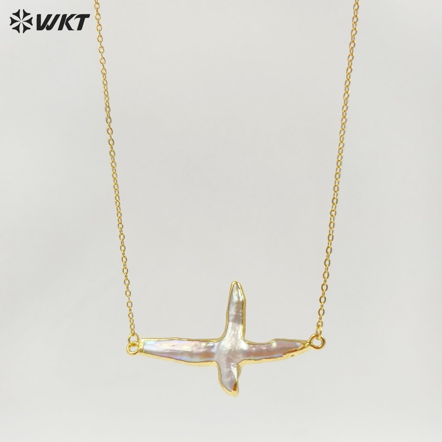 WT-N659 Wholesale Vintage Natural Freshwater Pearl Necklace, Fashion Gold Plated Double Loops Pearl Cross Necklace
