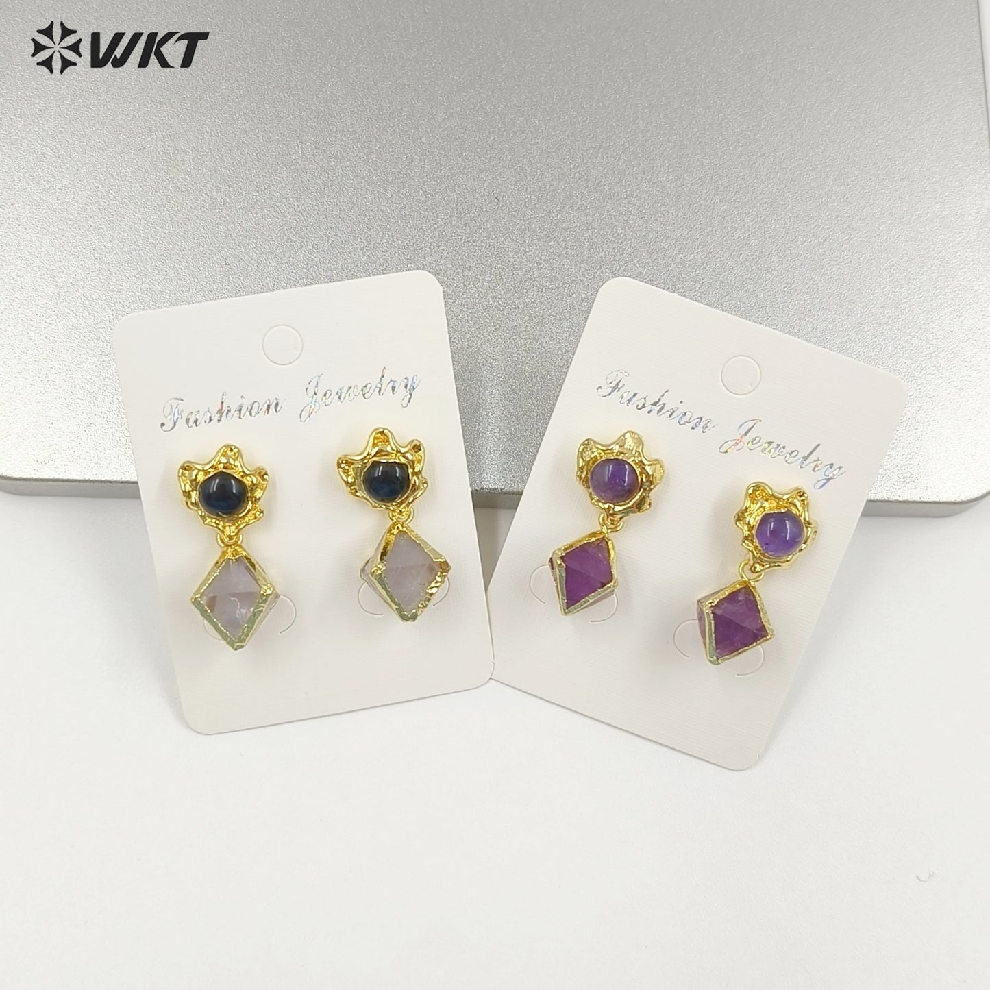 WT-E793 Exquisite Unique 18K Gold Electroplated Natural Gemstones Rhombus Little Earrings As Women Party Birthday Present