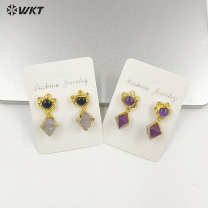WT-E793 Exquisite Unique 18K Gold Electroplated Natural Gemstones Rhombus Little Earrings As Women Party Birthday Present