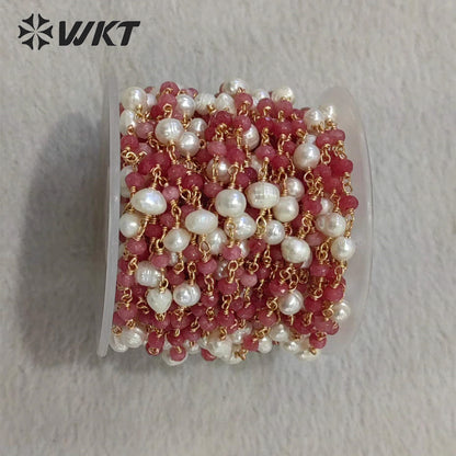 WT-RBC225 Wholesale New Arrival Exquisite Brass Chain Gold Plated Stone & Pearl Shell Shape Sell by Meter Handmade Metal Chain