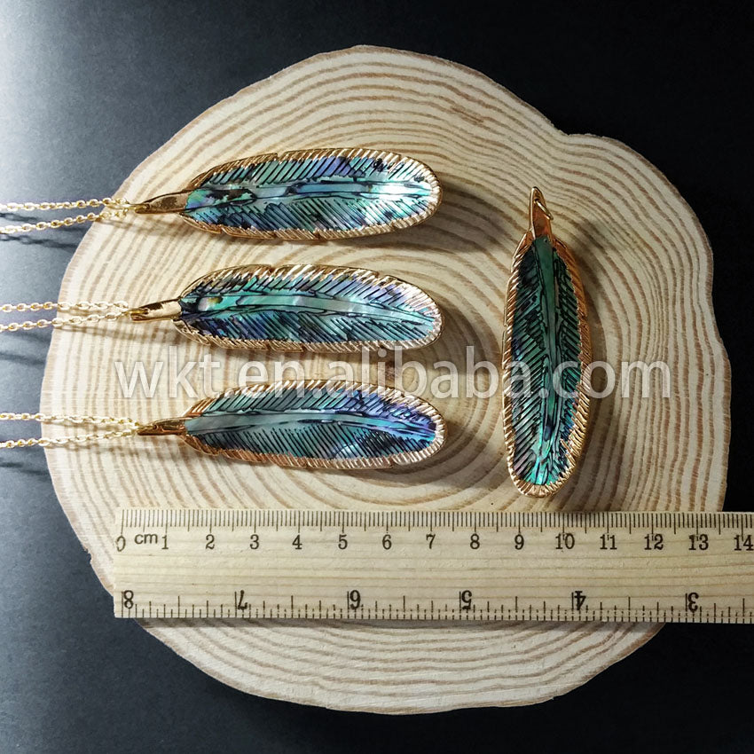 WT-N571 Wholesale Natural Abalone Shell Feather Necklace, Fashion Chic Abalone Feather Necklace