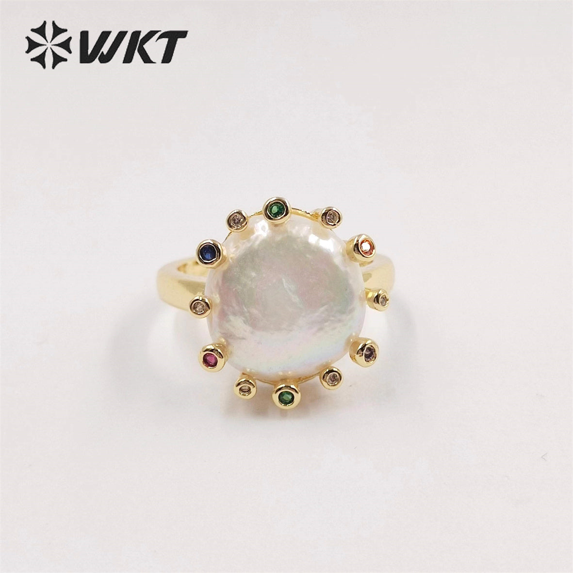 WT-MPR050 Elegant Fashion Gold Cubic Zircon Round Coin Freshwater Pearl Ring INS Hot White Gorgeous Women Anneversarry Ring
