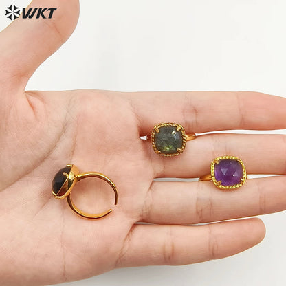 WT-R469 WKT Fashion Gemstone Elegant Women Gorgeous Gold Black Obsidian Labradorite Amethyst Stone Ring