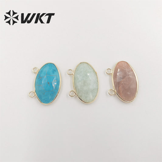 WT-P1849 Wholesale Fashion Gold Plated Oval Faceted Bezel Natural Sun Stone Pendant Unique Double Loops Jewelry Pendant