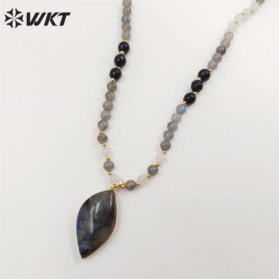 WT-N1417 New Handmade Long 6mm Round Beads Labradorite Pendant Necklace Women Trendy Shirt Chain Casual Boho Chain