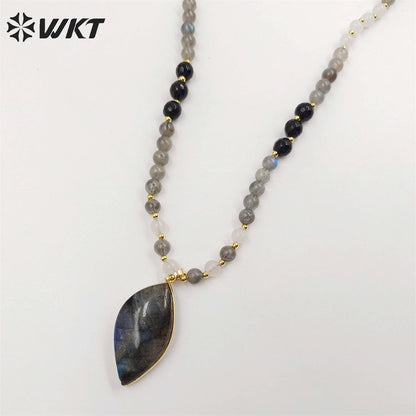 WT-N1417 New Handmade Long 6mm Round Beads Labradorite Pendant Necklace Women Trendy Shirt Chain Casual Boho Chain
