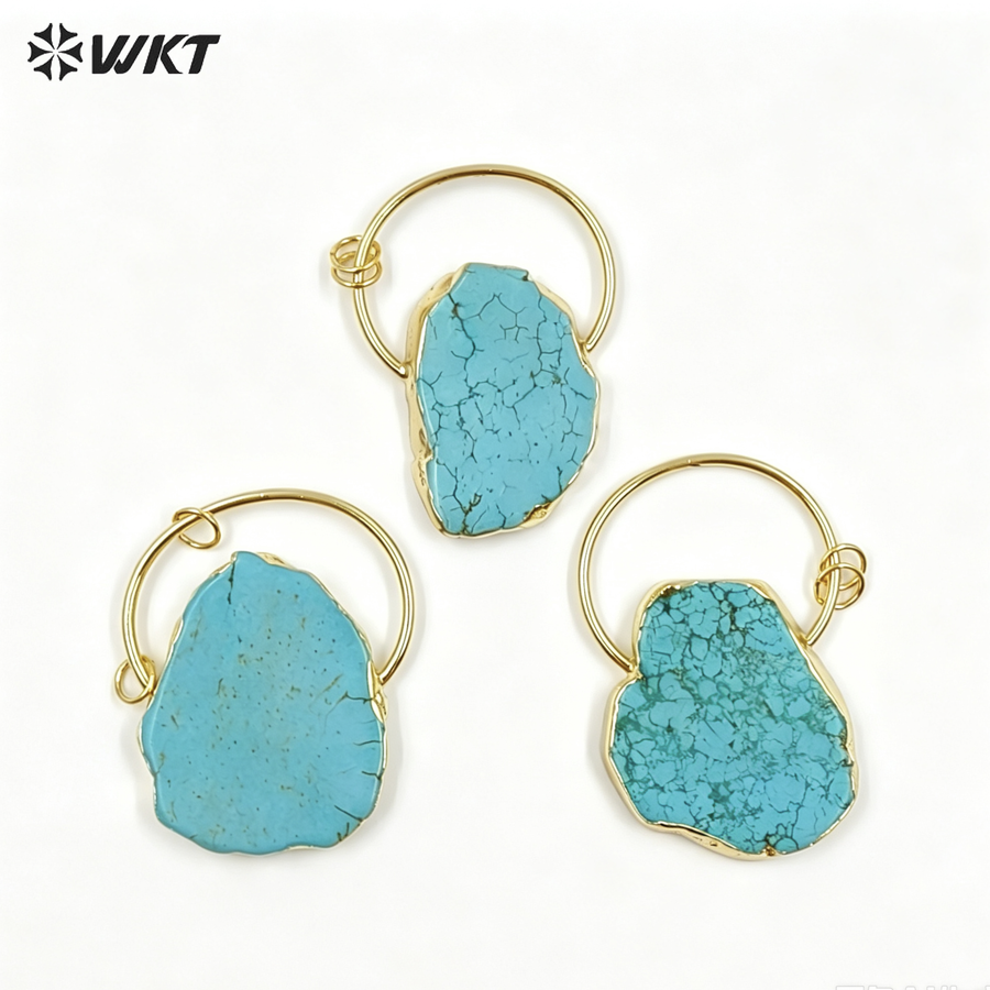 WT-P1372 Vintage Design Sky Blue Natural Stone With Half Circle and Double Tiny Loops Gold Trim Pendant for Jewelry Making