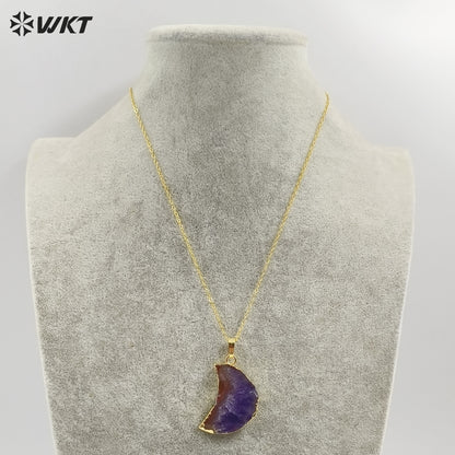 WT-N1300 Amazing Celestial Natural Slice Amethyst Moon Necklace Lady Gold Trim Half Moon Druzy Crescent Amethyst Necklace