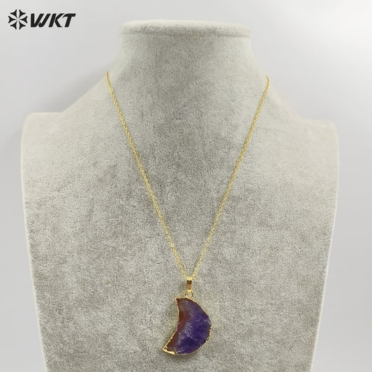 WT-N1300 Amazing Celestial Natural Slice Amethyst Moon Necklace Lady Gold Trim Half Moon Druzy Crescent Amethyst Necklace