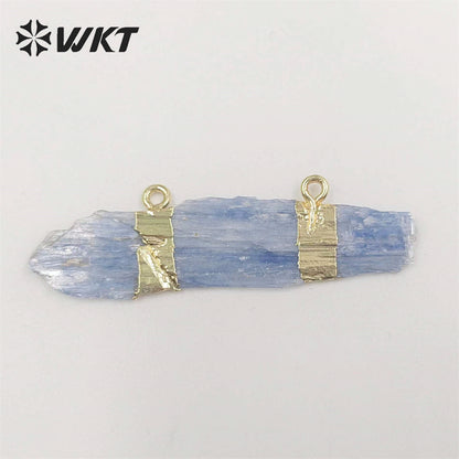 WT-P527 Rough Blue Kyanite Double Loops Bail Pendants, Fashion Gemstone Gold Dipped Natural Stone Pendants