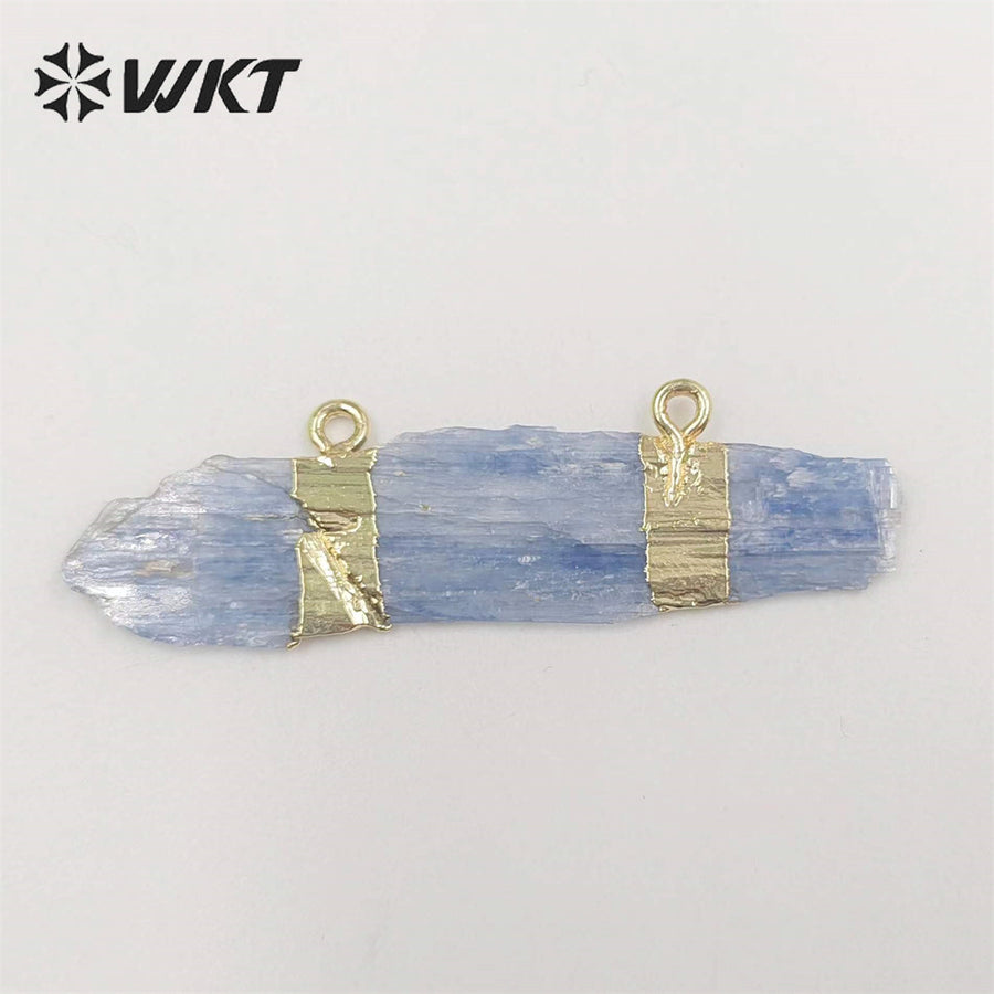 WT-P527 Rough Blue Kyanite Double Loops Bail Pendants, Fashion Gemstone Gold Dipped Natural Stone Pendants