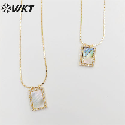 WT-JN214 WKT Newest Exclusive Tiny Long Square Natural Shell Necklace Lady Simple Micropaved Cubic Zircon Shell Necklace