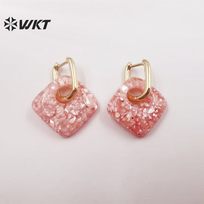 WT-MPE073 European and American Earrings Cute Small Shell Enamel Earrings Colorful square Pendant 18k Gold-plated Earrings