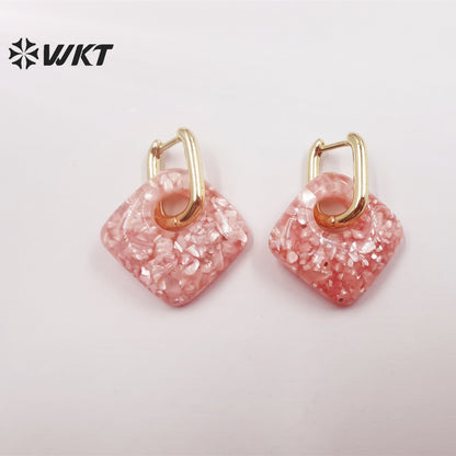 WT-MPE073 European and American Earrings Cute Small Shell Enamel Earrings Colorful square Pendant 18k Gold-plated Earrings