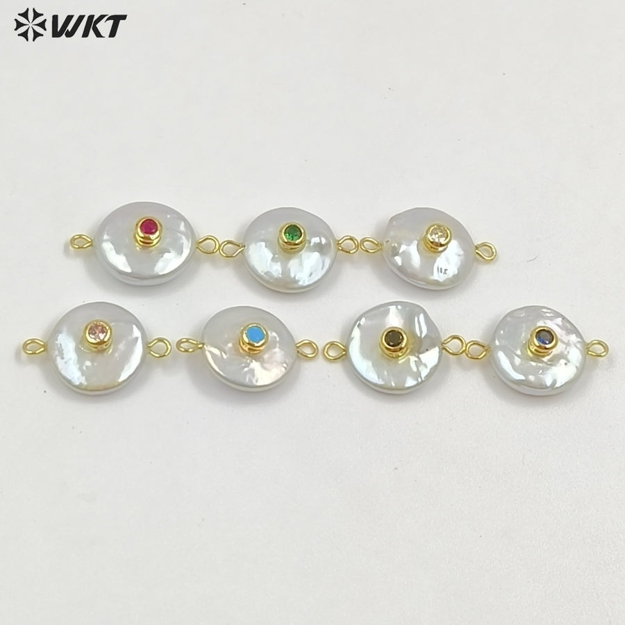 WT-JP252 WKT NEW Natural Freshwater Pearl Cross Pendant Fashion Gold Simple Cz Charm Double Loops Connector As Jewelry Findings