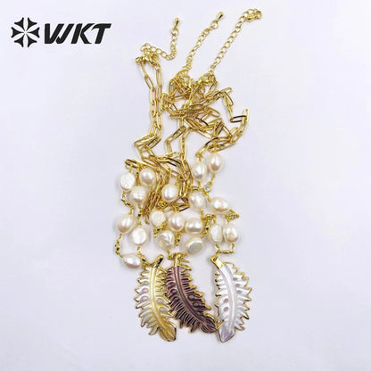 WT-JN234 Wholesale Newest Fashion Feather Freshwater Pearl Necklace Gorgeous Multi- Color Optional Pearl Fancy Chain Necklace