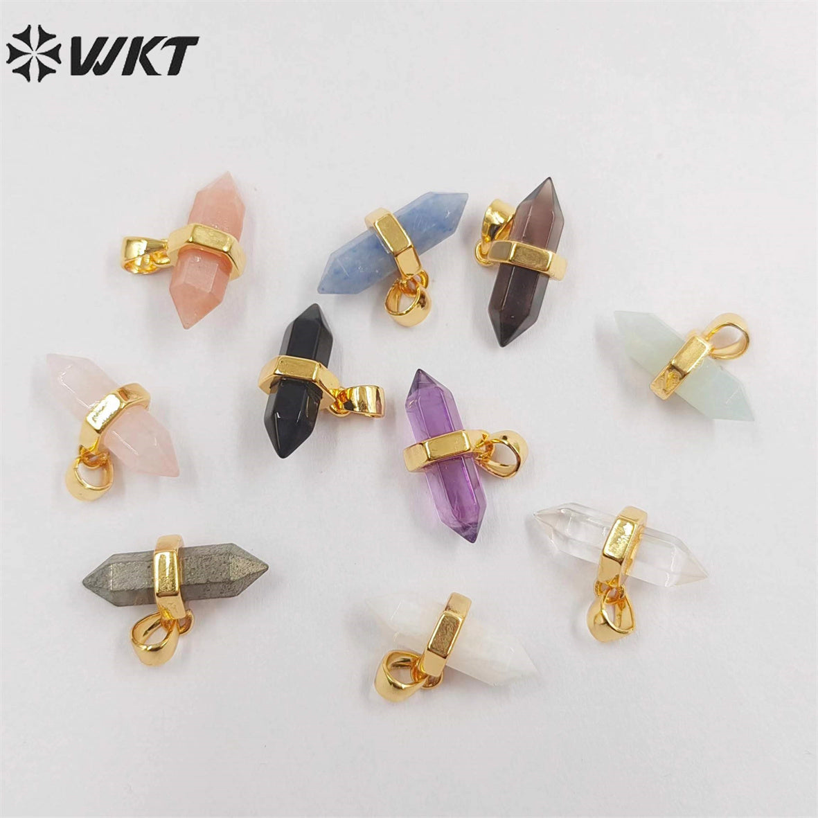 WT-P1902 Wholesale New Delicate Precious Gemstone Double Point Stone Charms Energy Healing Quartz Point Pendant