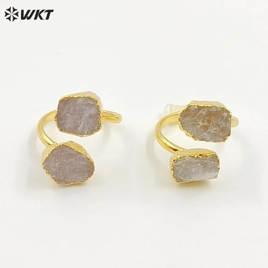 WT-R506 WKT Exclusive Design Double Natural Raw Gemstone Ring Women 18k Gold Plated Quartz Stone Birthday Gift