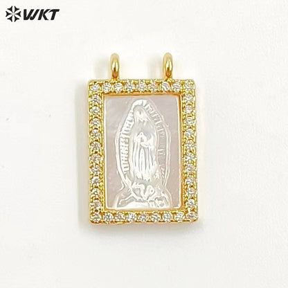 WT-MP224 WKT Precious Gold Handmade Well-proportioned Micro Pave Pendant Natural Pearl Shells with Zircon Religion Jewelry