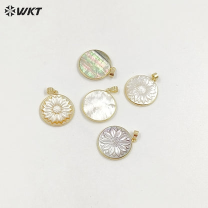 WT-JP417 Lovely Pretty Handmade Carved Natural Sea Shell Round Sun Flowers Jewelry Pendants For Friend gift