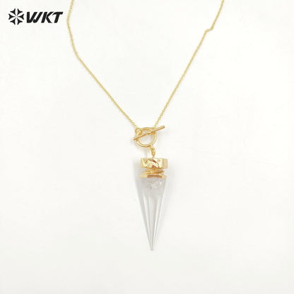 WT-N1463 Wholesale Fashion 18K Real Gold Plated Natural Crystal Quartz Point Energy Healing Bullet Stone Necklace