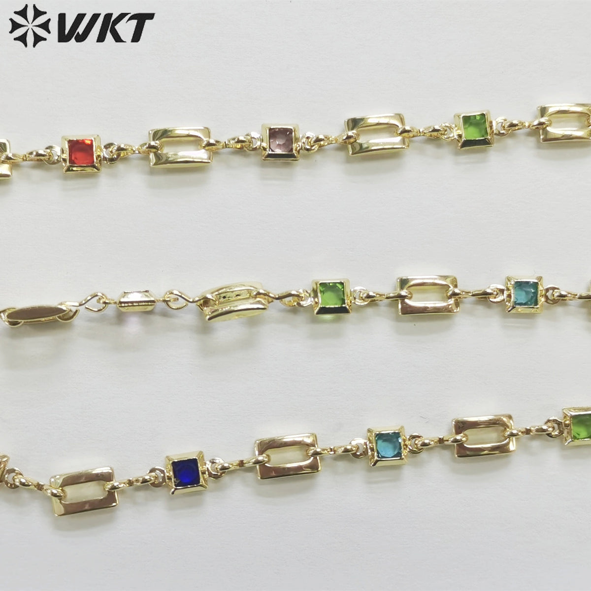 WT-RBC212 Wholesale Fashion Gold Plated Resist Tarnishable Colorful Cubic Zircon Chain square Cz Jewelry Necklace Chain