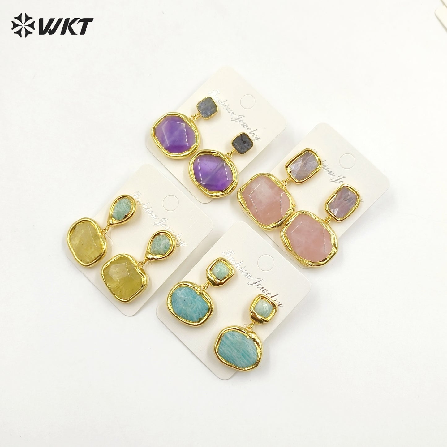 WT-E742 Newest Women Precious Natural Faceted Sun Stone Made in 18K Real Gold Plated Europe Populared Rose Quartz Earrings