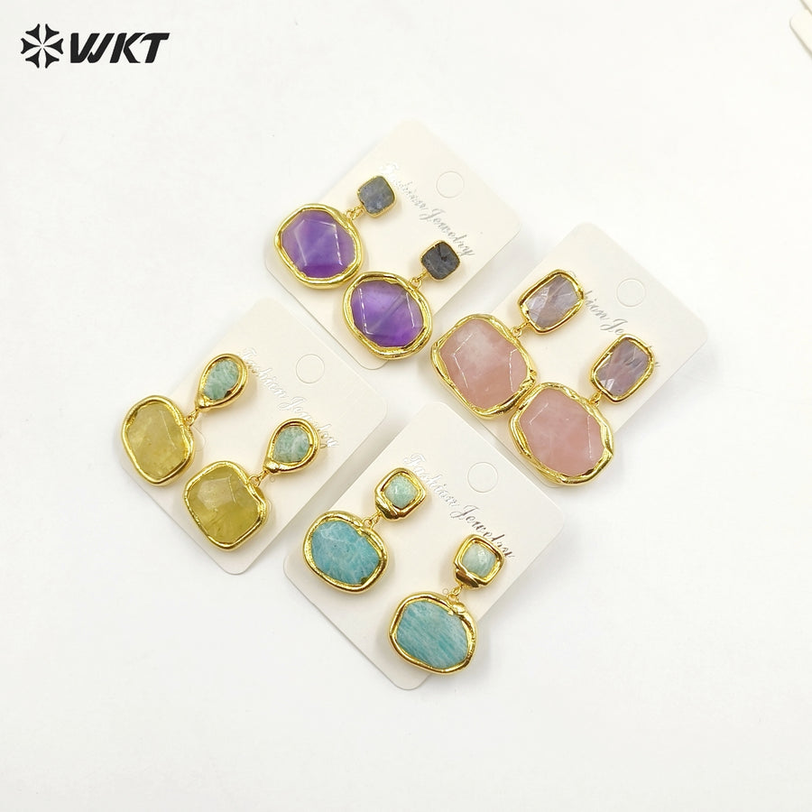 WT-E742 Newest Women Precious Natural Faceted Sun Stone Made in 18K Real Gold Plated Europe Populared Rose Quartz Earrings