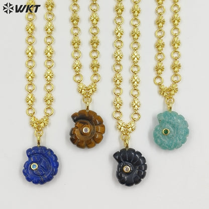 WT-N1507 Fashion Lovely Gold Plated Zircon And Natural Gemstones Carved Trumpet Pendant Necklaces As Women Birthday Gift Jewelry