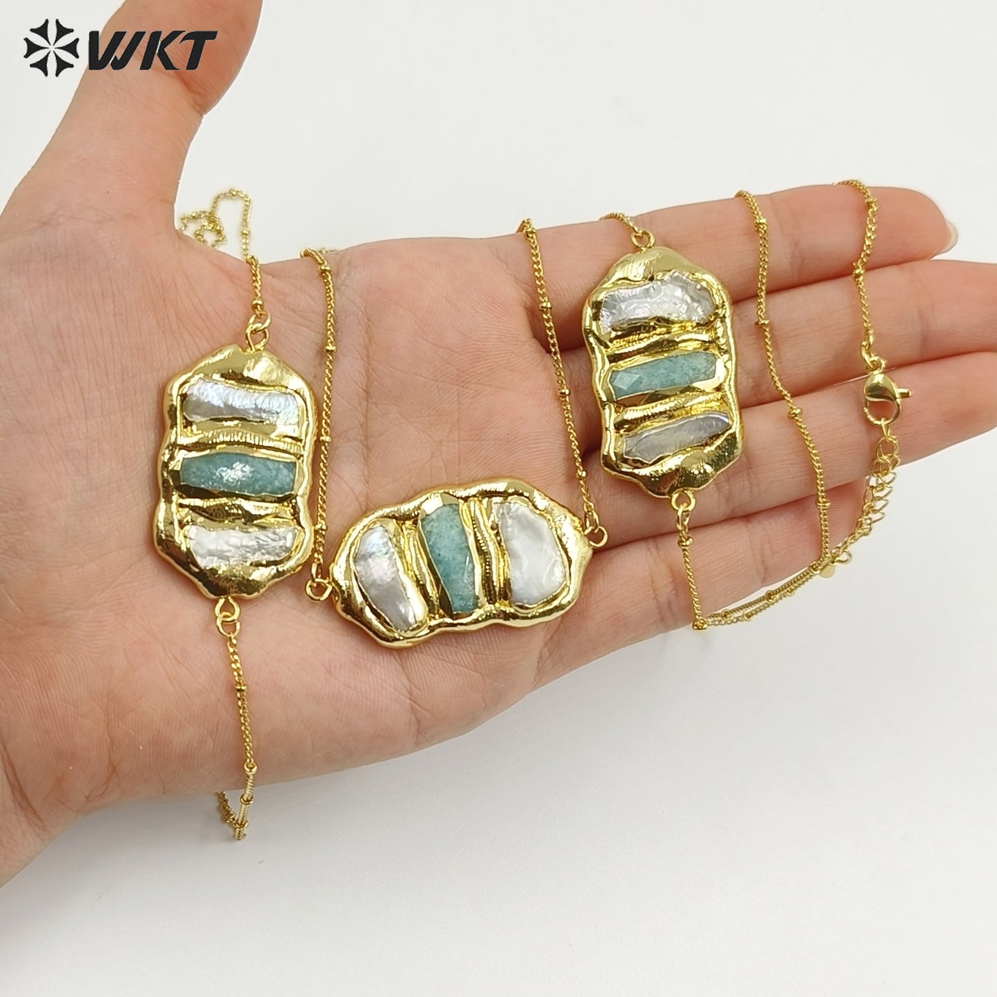 WT-JN136 Wholesale New Triple Stone Statement Necklace 18 Inch Long Gold Pearl and Stone Mix Birthday Gift Women Necklace