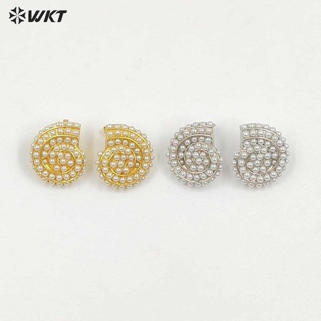 WT-ME125 Newest Design Jewelry Brass Gold And Silver Plated With Artificial Pearl Conch Shape Earrings For Girl Daily Wearing