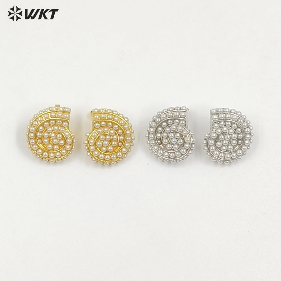 WT-ME125 Newest Design Jewelry Brass Gold And Silver Plated With Artificial Pearl Conch Shape Earrings For Girl Daily Wearing