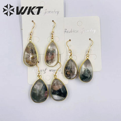 WT-E718 Classical Irregularity Healing Transparency Moss Agate Exquisite Gold Plated Needle Earrings Energy Healing Quartz Hoop