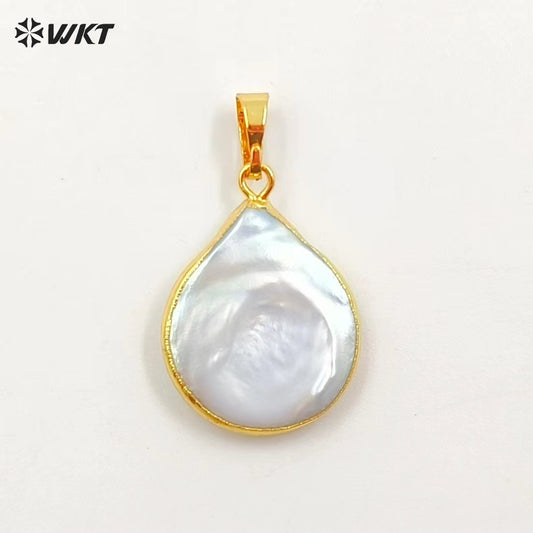 WT-JP124 Women Fashion Pearl Jewelry Natural White Pearl With Gold Bezel Pendant Teardrop Shape Freshwater Pearl Pendant