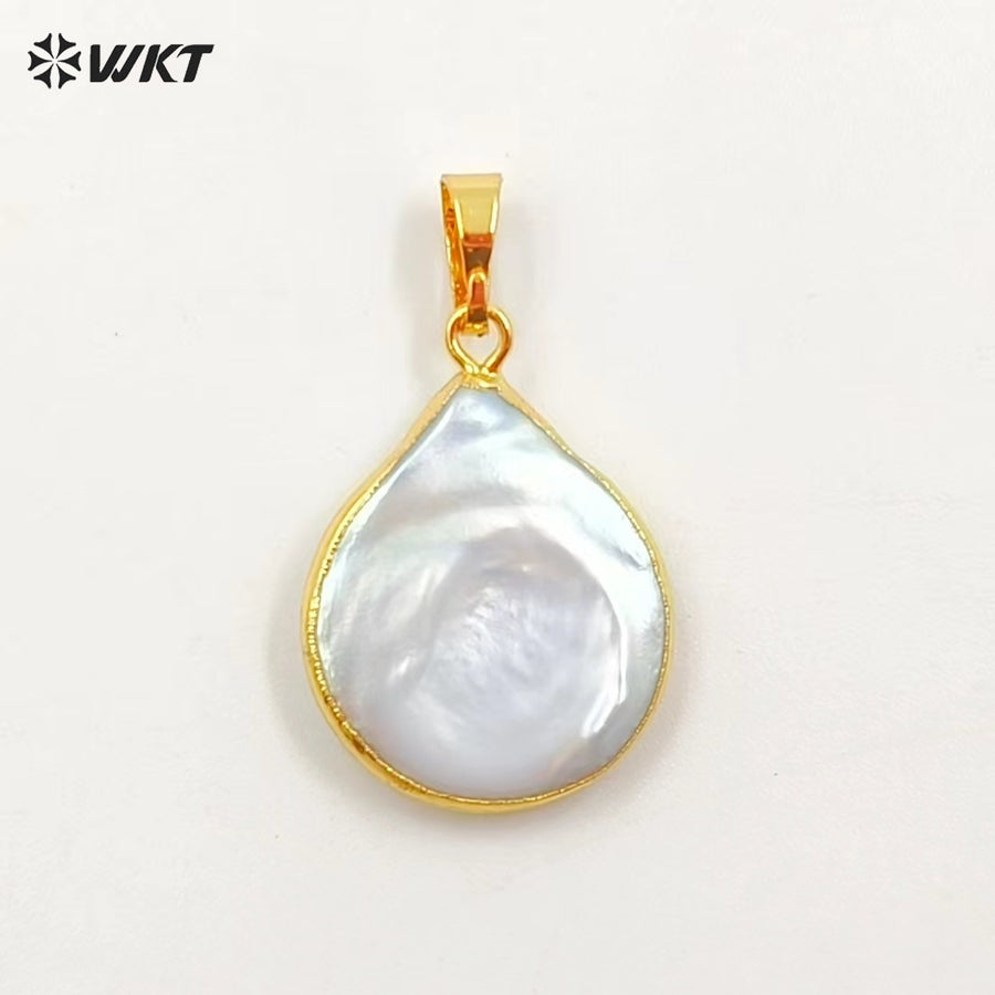 WT-JP124 Women Fashion Pearl Jewelry Natural White Pearl With Gold Bezel Pendant Teardrop Shape Freshwater Pearl Pendant