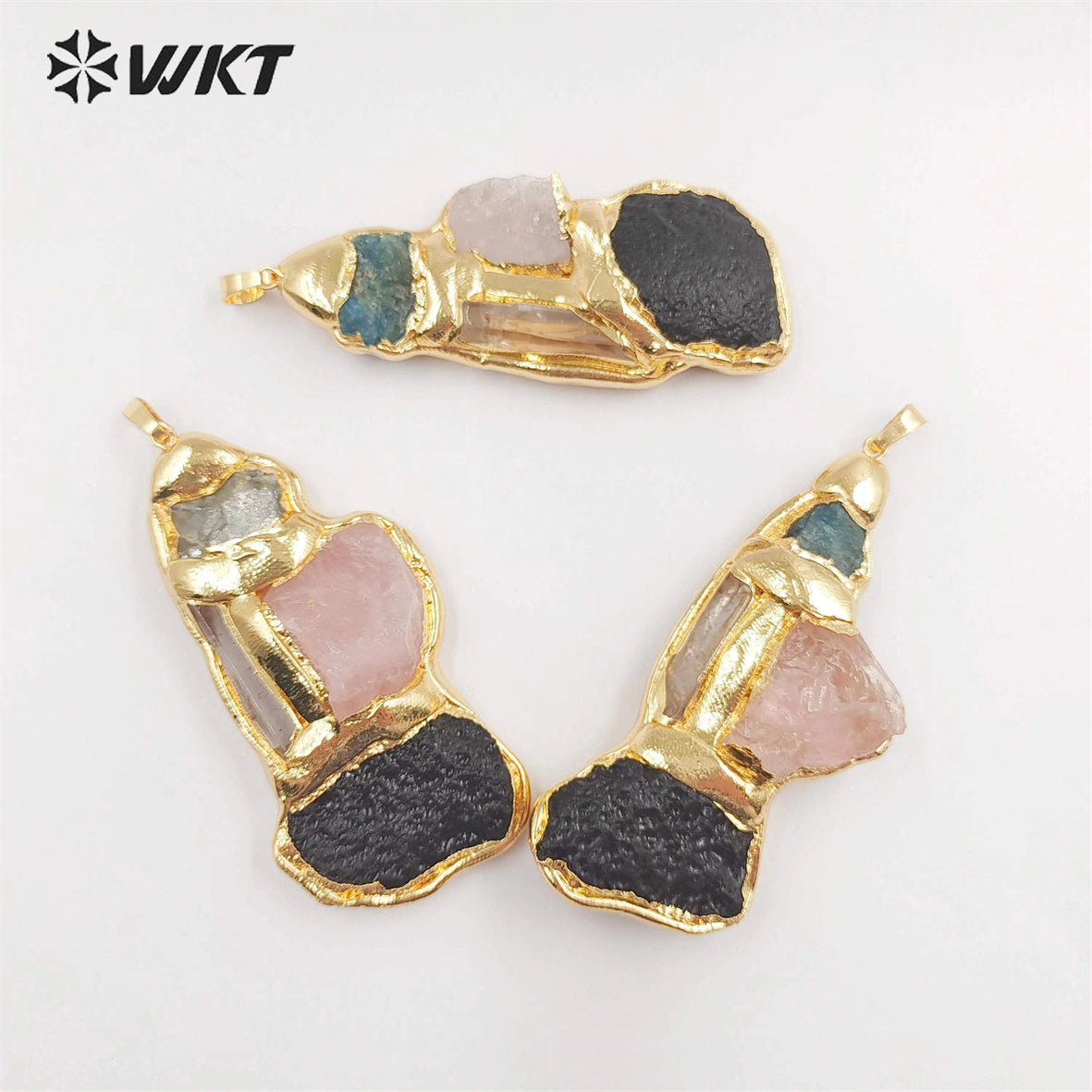 WT-P1905 Amazing Triple Gemstone Mixture Jewelry Pendants Genuine Energy Black Meteorite Rose Quartz Raw Stone Pendants
