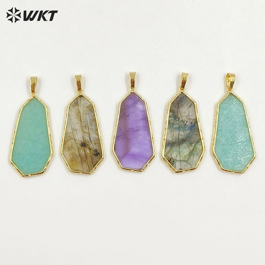 WT-P2127 Wholesale Gold Electroplated Natural Labradorite And Amazonite Stone Geometric Pendants For Lady Necklace Design
