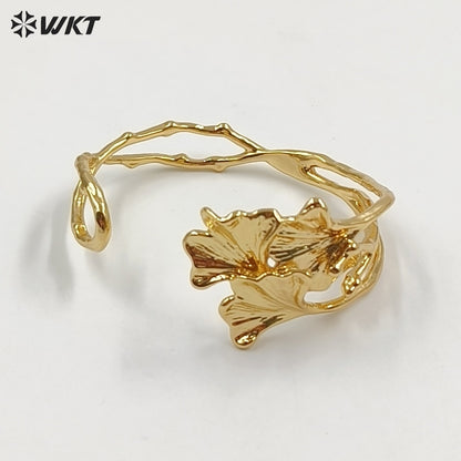 WT-JF383 Wonderful Design 18K Gold Plated Yellow Brass Leaf Shape Metal Cuff Bangle For Women Elegant Summer Decorative Jewelry