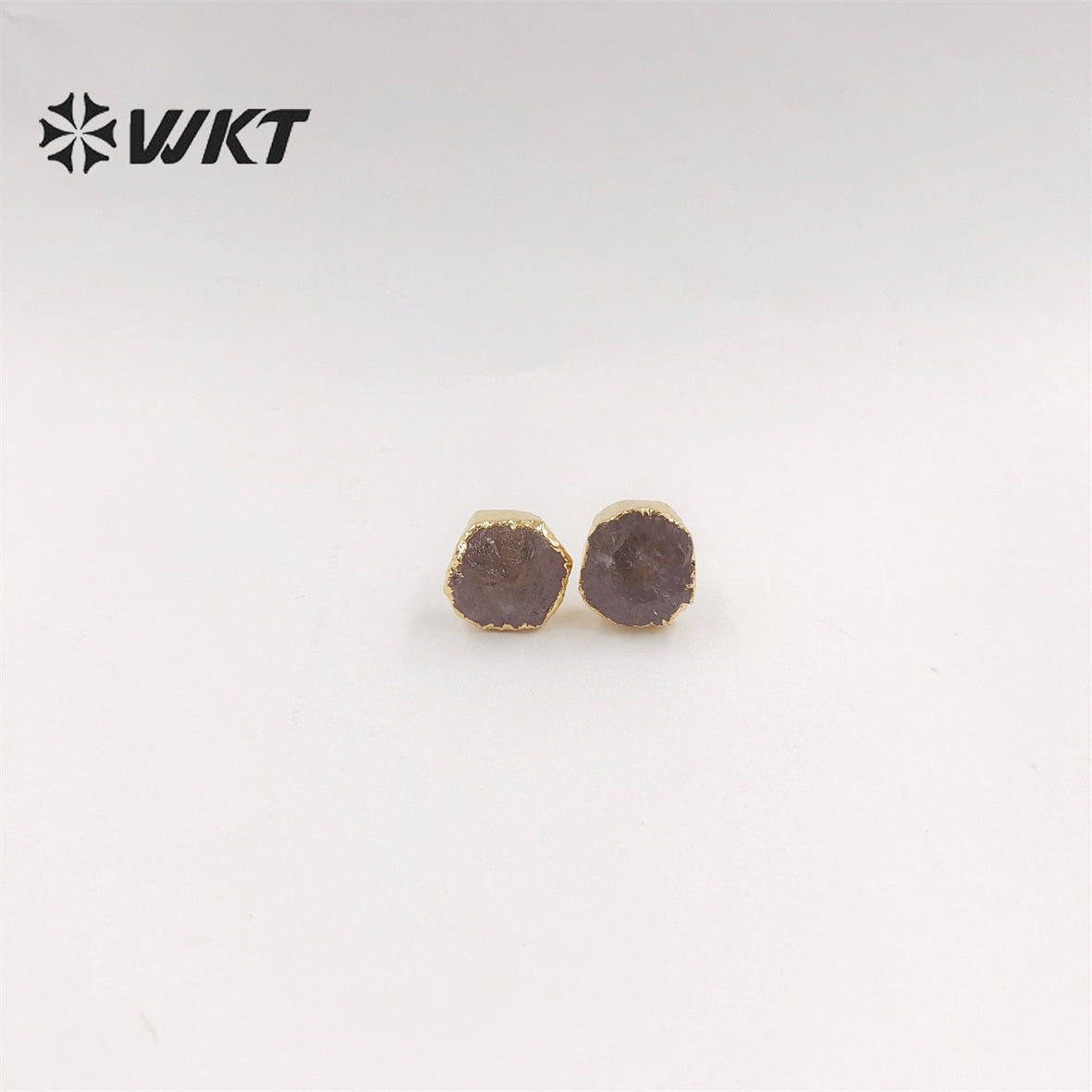 WKT-E673 Women Vintage Bohemian Raw Stone Studs Without Polish Fashion Gold Plated Hand Cut Original Rose Quartz Stone Studs