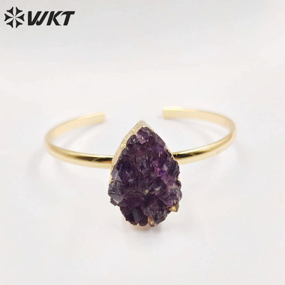 WT-B173 Exclusive Natural Amethyst Singles Stone Bangles in Adjustable Size, Amethyst Teardrop Stone Bangles