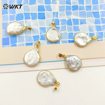 WT-JP124 Women Fashion Pearl Jewelry Natural White Pearl With Gold Bezel Pendant Teardrop Shape Freshwater Pearl Pendant