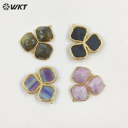 WT-P2129 Beautiful Gold Electroplated Three Natural Gemstones Leaf Shape Pendants As Handmade Jewelry Decorative Findings